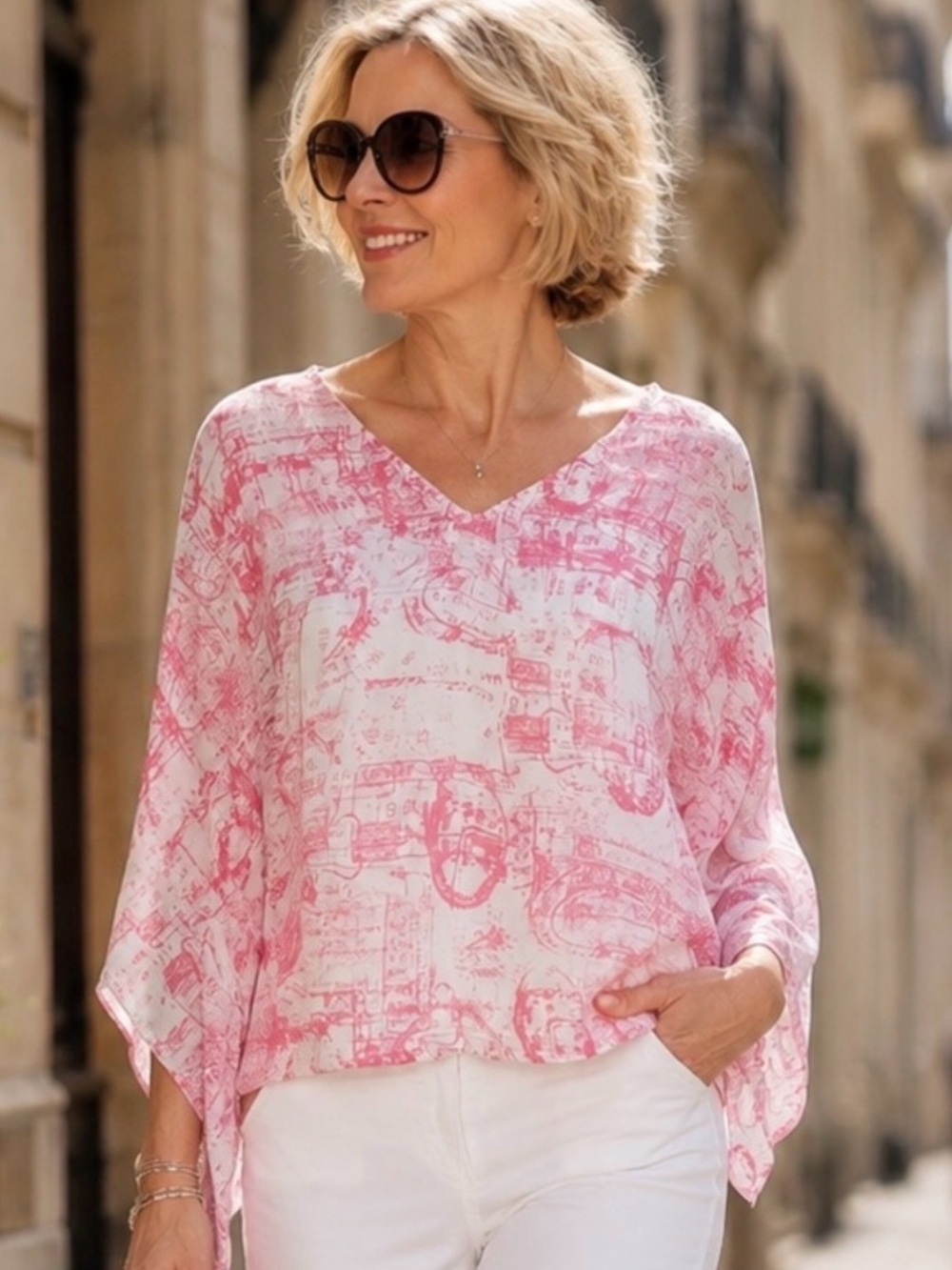 Millau French Mail Stamped Desing Sheer Light Pink Printed V-Neck Top XS S M